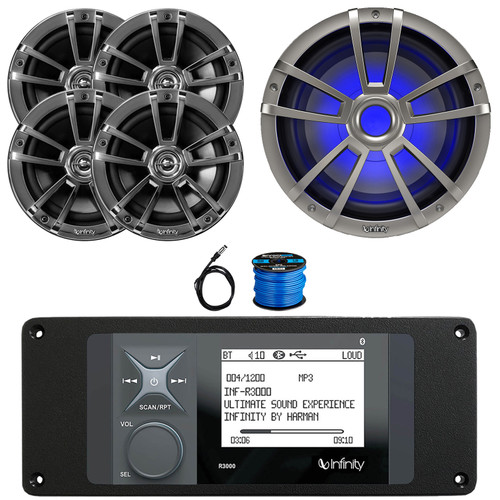Infinity R3000 Wake Series Marine Bluetooth USB/AUX AM/FM Radio Digital Media Stereo Receiver w/Install Adaptor Plate, 4x 6.5" 225W Max 2-Way Chrome Speakers, 10" 750W Max LED Subwoofer, Antenna, Wire