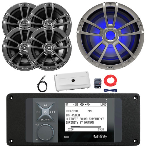 Infinity R3000 Wake Series Marine Bluetooth USB/AUX AM/FM Radio Digital Media Stereo Receiver w/Adaptor Plate, 4x 6.5" 225W Max Speakers, 10" 750W Max RGB Subwoofer, 5 Channel Amplifier w/Kit, Antenna