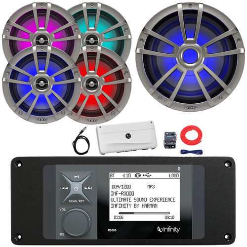 Infinity R3000 Wake Series Marine Bluetooth USB/AUX AM/FM Digital Media Stereo Receiver w/Adaptor Plate, 4x 6.5" 225W Max RGB Speakers, 10" 750W Max Subwoofer, 5 Channel Amplifier w/Kit, Radio Antenna