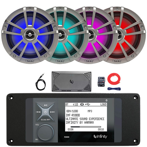 Infinity R3000 Wake Series Marine Bluetooth USB/AUX AM/FM Radio Digital Media Stereo Receiver w/Install Adaptor Plate, 4x 6.5" 225W Max RGB LED Titanium Speakers, 4-Channel Amplifier w/Kit, Antenna