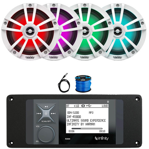 Infinity R3000 Wake Series Marine Bluetooth USB/AUX AM/FM Radio Digital Media Stereo Receiver w/Install Adaptor Plate, 4x 6.5" 225W Max Waterproof Coaxial RGB LED White Boat Speakers, Antenna, Wire