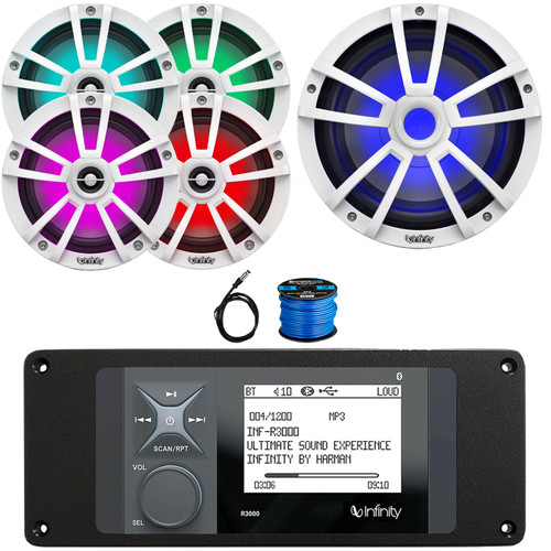 Infinity R3000 Wake Series Marine Bluetooth USB/AUX AM/FM Radio Digital Media Stereo Receiver w/Install Adaptor Plate, 4x 6.5" 225W Max RGB White Speakers, 10" 750W Max RGB Subwoofer, Antenna, Wire