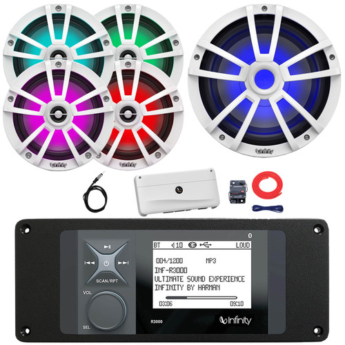 Infinity R3000 Wake Series Marine Bluetooth USB/AUX AM/FM Digital Media Stereo Receiver w/Adaptor Plate, 4x 6.5" 225W Max LED Speakers, 10" 750W Max LED Subwoofer, 5 Channel Amplifier w/Kit, Antenna