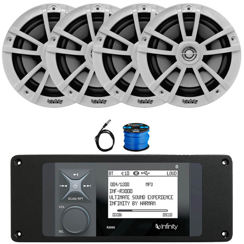 Infinity R3000 Wake Series Marine Bluetooth USB/AUX AM/FM Radio Digital Media Stereo Receiver w/Install Adaptor Plate, 4x 6.5" 225 Watt Max High-Performance Boat Speakers, Radio Antenna, Speaker Wire
