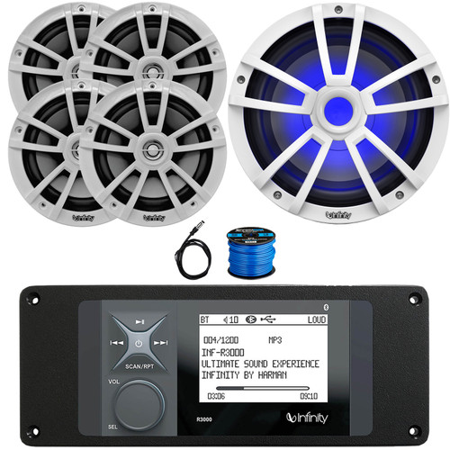 Infinity R3000 Wake Series Marine Bluetooth USB/AUX AM/FM Radio Digital Media Stereo Receiver w/Install Adaptor Plate, 4x 6.5" 225 Watt Max Boat Speakers, 10" 750W Max RGB LED Subwoofer, Antenna, Wire