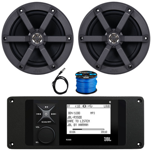 JBL R3500 Marine Bluetooth USB/AUX AM/FM Radio Weather-Resistant Digital Media Stereo Receiver w/Install Adaptor Plate, 2x 6.5" 100W Max 2-Way Boat Speakers, 22" Radio Antenna, 50 Feet Speaker Wire