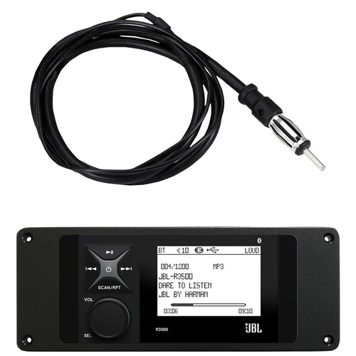 JBL R3500 Marine Bluetooth USB/AUX AM/FM Radio Weather-Resistant Digital Media Stereo Receiver w/Install Adaptor Plate, Flexible Hideaway Wired AM/FM 22" Radio Antenna (Black)