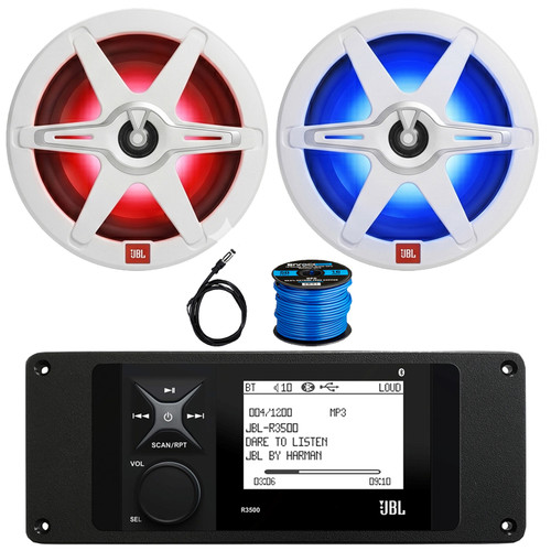JBL R3500 Marine Bluetooth USB/AUX AM/FM Radio Weather-Resistant Digital Media Stereo Receiver w/Install Adaptor Plate, 2x 8" 450W Max 2-Way RGB LED Boat Speakers with Grilles, Antenna, Speaker Wire