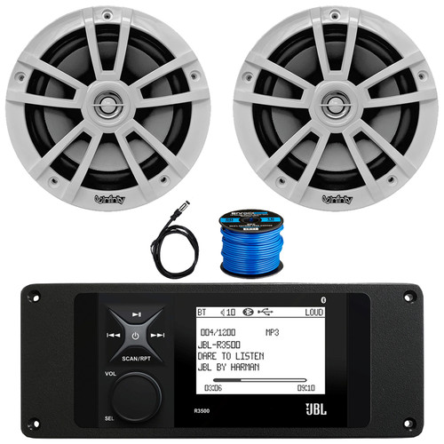 JBL R3500 Marine Bluetooth USB/AUX AM/FM Radio Weather-Resistant Digital Media Stereo Receiver w/Install Adaptor Plate, 2x 6.5" 225W Max High-Performance 2-Way Speakers, Radio Antenna, Speaker Wire