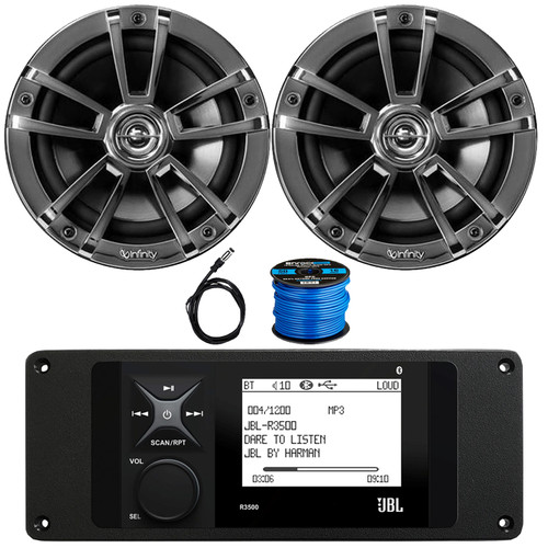 JBL R3500 Marine Bluetooth USB/AUX AM/FM Radio Weather-Resistant Digital Media Stereo Receiver w/Install Adaptor Plate, 2x 6.5" 225W Max High-Performance Chrome Speakers, 22" Antenna, Speaker Wire