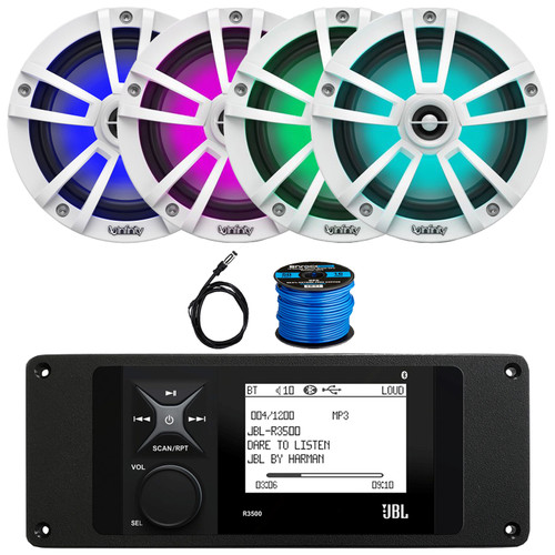 JBL R3500 Marine Bluetooth USB/AUX AM/FM Radio Weather-Resistant Digital Media Stereo Receiver w/Install Adaptor Plate, 4x 6.5" 225W Max Waterproof RGB LED Speakers, 22" Antenna, 50 Feet Speaker Wire