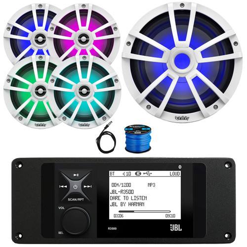 JBL R3500 Marine Bluetooth USB/AUX AM/FM Weather-Resistant Digital Media Stereo Receiver w/Install Adaptor Plate, 4x 6.5" 225W Max RGB LED White Boat Speakers, 10" RGB LED Subwoofer, Antenna Wire