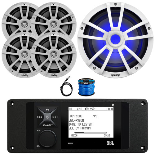 JBL R3500 Marine Bluetooth USB/AUX AM/FM Radio Weather-Resistant Digital Media Stereo Receiver w/Install Adaptor Plate, 4x 6.5" 225W Max Power 2-Way Speakers, 10" 750W Max Subwoofer, Antenna, Wire