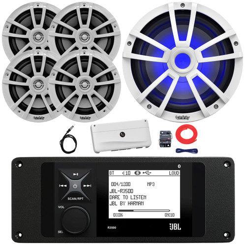 JBL R3500 Marine Bluetooth USB/AUX AM/FM Weather-Resistant Digital Media Stereo Receiver w/ Adaptor Plate, 4x 6.5" 225W Max 2-Way Speakers, 10" 750W Max Subwoofer, 5 Channel Amplifier w/Kit, Antenna