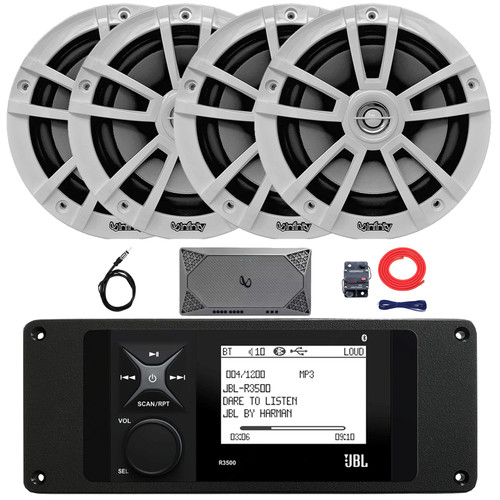 JBL R3500 Marine Bluetooth USB/AUX AM/FM Weather-Resistant Digital Media Stereo Receiver w/ Adaptor Plate, 4x 6.5" 225W Max High-Performance 2-Way Speakers, 4-Channel Amplifier w/Kit, Radio Antenna