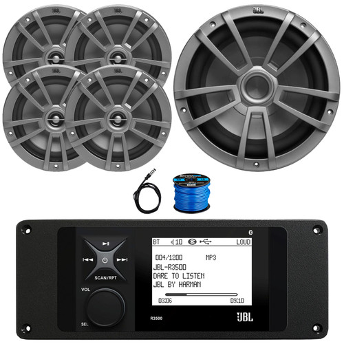 JBL R3500 Marine Bluetooth USB/AUX AM/FM Radio Weather-Resistant Digital Media Stereo Receiver w/Install Adaptor Plate, 4x 6.5" 180W Max 2-Way Gray Speakers,10" 600W Max Subwoofer, Antenna, Wire