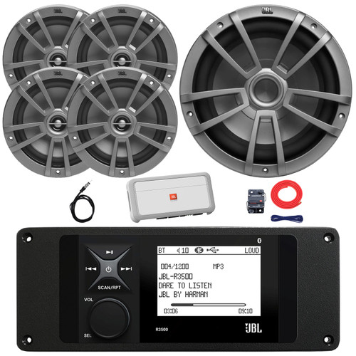 JBL R3500 Marine Bluetooth USB/AUX AM/FM Weather-Resistant Digital Media Stereo Receiver w/ Adaptor Plate, 4x 6.5" 180W Max 2-Way Speakers, 10" 600W Max Subwoofer, 5-Channel Amplifier w/Kit, Antenna