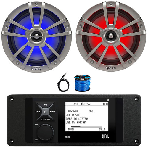 JBL R3500 Marine Bluetooth USB/AUX AM/FM Radio Weather-Resistant Digital Media Stereo Receiver w/Install Adaptor Plate, 2x 6.5" 225W Max Coaxial RGB LED Titanium Speakers, Radio Antenna, Speaker Wire