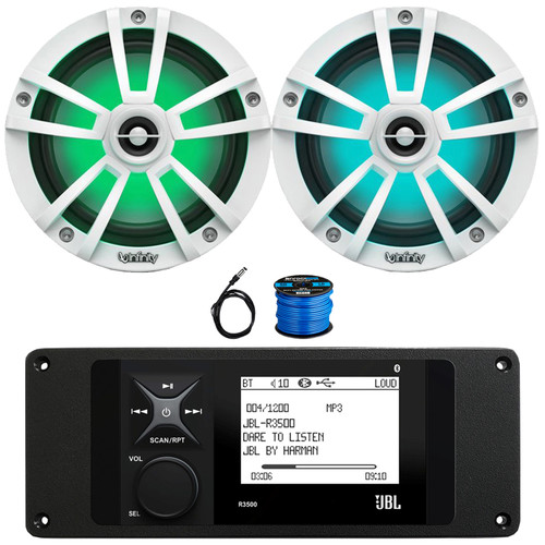 JBL R3500 Marine Bluetooth USB/AUX AM/FM Weather-Resistant Digital Media Stereo Receiver w/Install Adaptor Plate, 2x 6.5" 225W Max Coaxial RGB LED White Boat Speakers, Radio Antenna, Speaker Wire