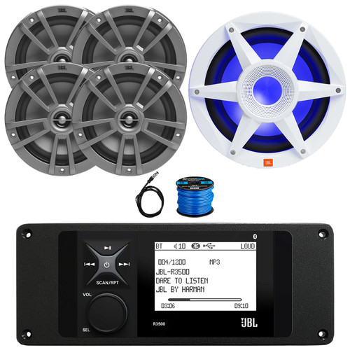 JBL R3500 Marine Bluetooth USB/AUX AM/FM Weather-Resistant Digital Media Stereo Receiver w/Install Adaptor Plate, 4x 6.5" 180W Max 2-Way Gray Speakers, 10" 900W Max White Subwoofer, Antenna, Wire