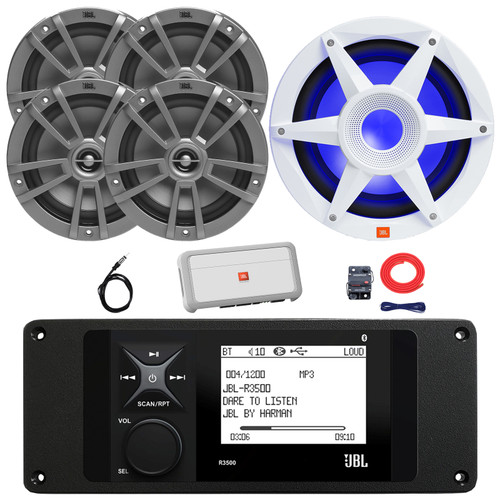JBL R3500 Marine Bluetooth USB/AUX AM/FM Weather-Resistant Digital Media Stereo Receiver w/ Adaptor Plate, 4x 6.5" 180W Max 2-Way Speakers, 10" 900W Max Subwoofer, 5-Channel Amplifier w/Kit, Antenna