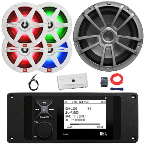 JBL R3500 Marine Bluetooth USB/AUX AM/FM Weather-Resistant Digital Media Stereo Receiver w/ Adaptor Plate, 4x 8" 450W Max 2-Way RGB LED Speakers, 10" 600W Max Gray Subwoofer, 5 Channel w/Kit, Antenna