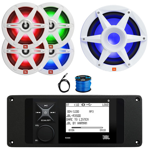 JBL R3500 Marine Bluetooth USB/AUX AM/FM Radio Weather-Resistant Digital Media Stereo Receiver w/Install Adaptor Plate, 4x 8" 450W Max RGB LED Speakers, 10" 900W Max RGB LED Subwoofer, Antenna, Wire