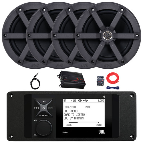 JBL R3500 Marine Bluetooth USB/AUX AM/FM Radio Weather-Resistant Digital Media Stereo Receiver w/Install Adaptor Plate, 4x 6.5" 100W Max Power 2-Way Boat Speakers, 4-Channel Amplifier w/Kit, Antenna
