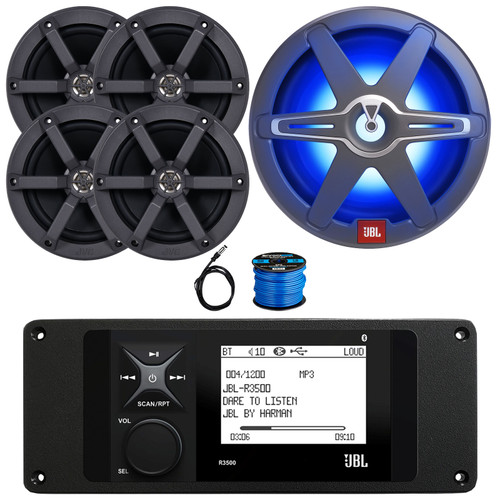 JBL R3500 Marine Bluetooth USB/AUX AM/FM Radio Weather-Resistant Digital Media Stereo Receiver w/Install Adaptor Plate, 4x 6.5" 100W Max 2-Way Speakers, 10" 900W Max RGB LED Subwoofer, Antenna, Wire