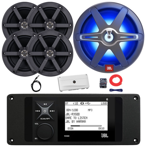 JBL R3500 Marine Bluetooth USB/AUX AM/FM Weather-Resistant Digital Media Stereo Receiver w/ Adaptor Plate, 4x 6.5" 100W Max Speakers, 10" 900W Max RGB LED Subwoofer, 5 Channel Amplifier w/Kit, Antenna