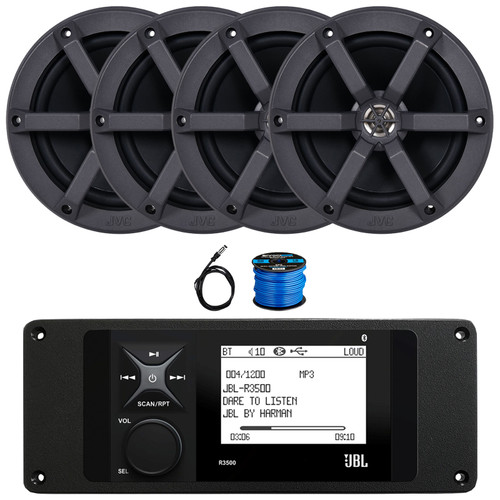 JBL R3500 Marine Bluetooth USB/AUX AM/FM Radio Weather-Resistant Digital Media Stereo Receiver w/Install Adaptor Plate, 4x 6.5" 100W Max 2-Way Boat Speakers, 22" Radio Antenna, 50 Feet Speaker Wire