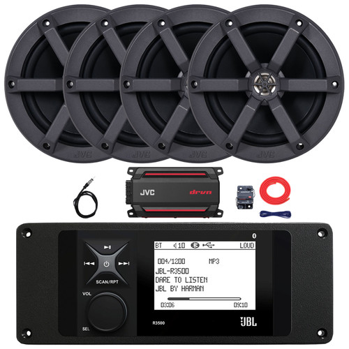 JBL R3500 Marine Bluetooth USB/AUX AM/FM Weather-Resistant Digital Media Stereo Receiver w/ Adaptor Plate, 4x 6.5" 100W Max Power 2-Way Boat Speakers, 4-Channel Compact Amplifier w/Kit, Antenna