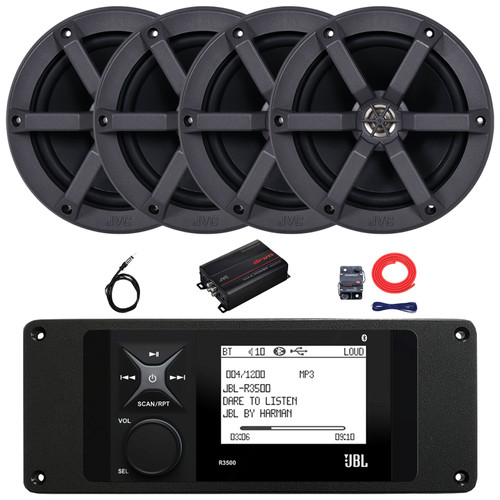 JBL R3500 Marine Bluetooth USB/AUX AM/FM Radio Weather-Resistant Digital Media Stereo Receiver w/Install Adaptor Plate, 4x 6.5" 100W Max Power 2-Way Speakers, 4-Channel Amplifier w/Kit, Radio Antenna