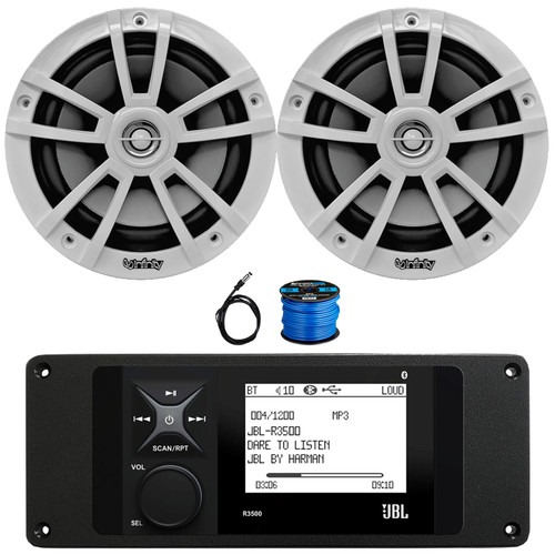 JBL R3500 Marine Bluetooth USB/AUX AM/FM Weather-Resistant Digital Media Stereo Receiver w/ Adaptor Plate, 2x 6.5" 225 Watt Max Power High-Performance White Speakers, Radio Antenna, Speaker Wire