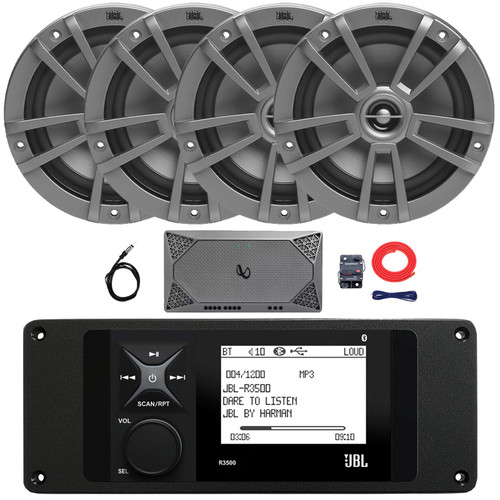 JBL R3500 Marine Bluetooth USB/AUX AM/FM Weather-Resistant Digital Media Stereo Receiver w/ Adaptor Plate, 4x 6.5" 180W Max Power 2-Way Multi-Element Speakers, 4-Channel Amplifier w/Kit, Antenna