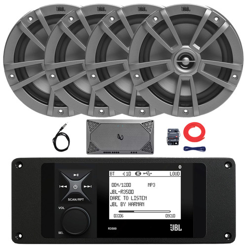 JBL R3500 Marine Bluetooth USB/AUX AM/FM Weather-Resistant Digital Media Stereo Receiver w/ Adaptor Plate, 4x 6.5" 180W Max Power Multi-Element Speakers, 4-Channel Amplifier w/Kit, Radio Antenna