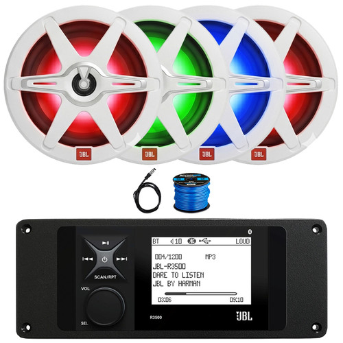 JBL R3500 Marine Bluetooth USB/AUX AM/FM Weather-Resistant Digital Media Stereo Receiver w/ Adaptor Plate, 4x 8" 450W Max Power 2-Way RGB LED Boat Speakers w/Grilles, Radio Antenna, Speaker Wire