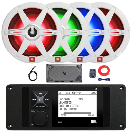 JBL R3500 Marine Bluetooth USB/AUX AM/FM Radio Weather-Resistant Digital Media Stereo Receiver w/Install Adaptor Plate, 4x 8" 450W Max 2-Way RGB LED Speakers, 4-Channel Amplifier w/Kit, Radio Antenna