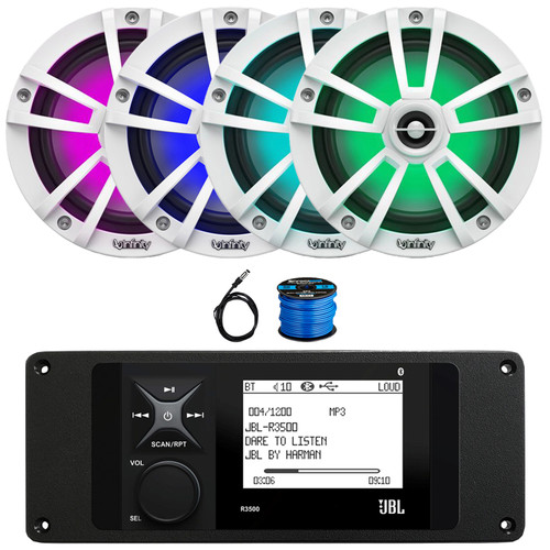 JBL R3500 Marine Bluetooth USB/AUX AM/FM Radio Weather-Resistant Digital Media Stereo Receiver w/Install Adaptor Plate, 4x 6.5" 225W Max Waterproof RGB LED White Speakers, Radio Antenna, Speaker Wire