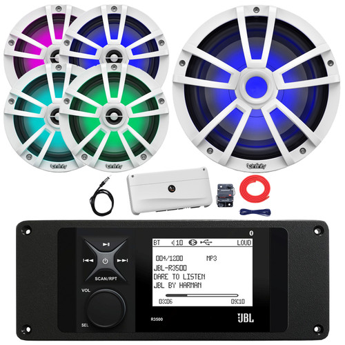 JBL R3500 Marine Bluetooth USB/AUX AM/FM Weather-Resistant Digital Media Stereo Receiver w/ Adaptor Plate, 4x 6.5" 225W Max RGB Speakers, 10" 750W Max RGB Subwoofer, 5 Channel Amplifier w/Kit, Antenna