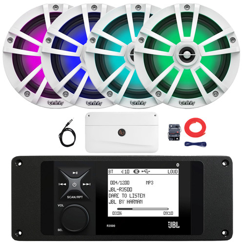 JBL R3500 Marine Bluetooth USB/AUX AM/FM Weather-Resistant Digital Media Stereo Receiver w/ Adaptor Plate, 4x 6.5" 225W Max Waterproof RGB LED White Boat Speakers, 4 Channel Amplifier w/Kit, Antenna