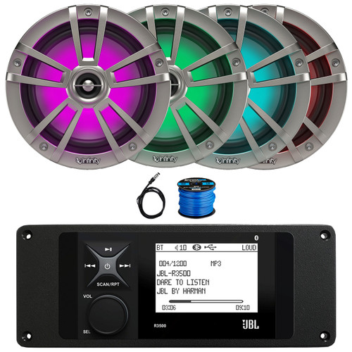 JBL R3500 Marine Bluetooth USB/AUX AM/FM Radio Weather-Resistant Digital Media Stereo Receiver w/Install Adaptor Plate, 4x 6.5" 226W Max RGB LED Titanium Boat Speakers, 22" Radio Antenna, Speaker Wire