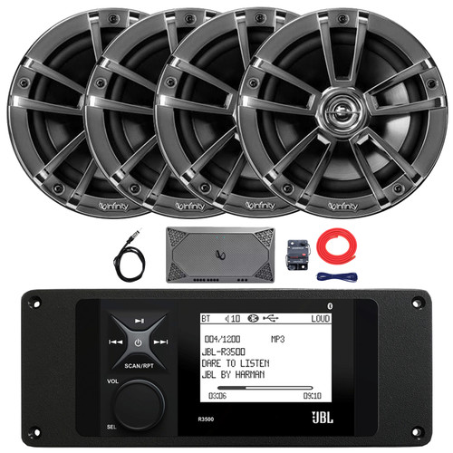 JBL R3500 Marine Bluetooth USB/AUX AM/FM Radio Weather-Resistant Digital Media Stereo Receiver w/Install Adaptor Plate, 4x 6.5" 225W Max 2-Way Chrome Boat Speakers, 4-Channel Amplifier w/Kit, Antenna