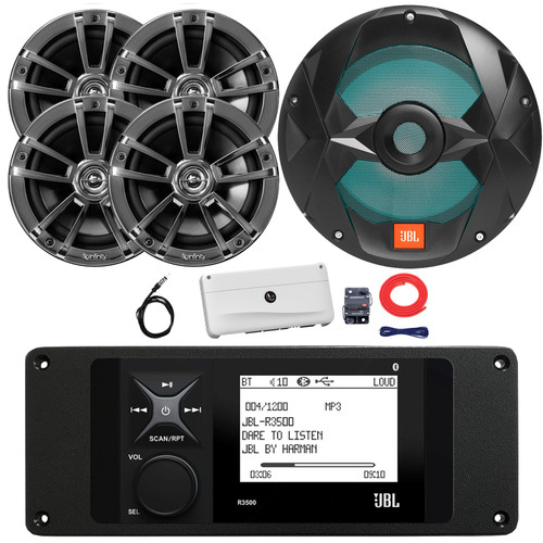 JBL R3500 Marine Bluetooth USB/AUX AM/FM Weather-Resistant Digital Media Stereo Receiver w/ Adaptor Plate, 4x 6.5" 225W Max Chrome Speakers, 10" 750W Max Subwoofer, 5 Channel Amplifier w/Kit, Antenna