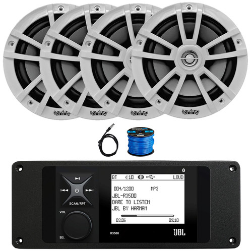 JBL R3500 Marine Bluetooth USB/AUX AM/FM Radio Weather-Resistant Digital Media Stereo Receiver w/Install Adaptor Plate, 4x 6.5" 225W Max High-Performance 2-Way Speakers, Radio Antenna, Speaker Wire