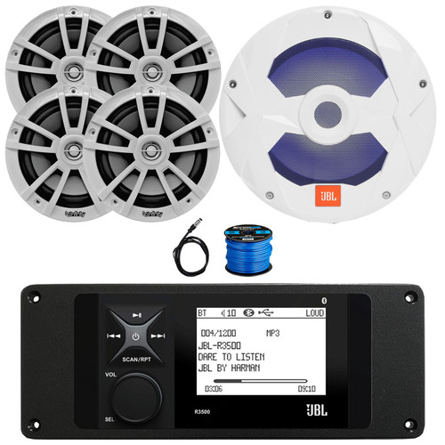 JBL R3500 Marine Bluetooth USB/AUX AM/FM Radio Weather-Resistant Digital Media Stereo Receiver w/Install Adaptor Plate, 4x 6.5" 225W Max 2-Way Boat Speakers, 10" 750W Max RGB Subwoofer, Antenna, Wire