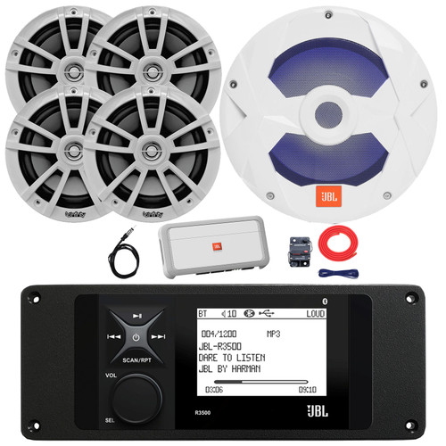 JBL R3500 Marine Bluetooth USB/AUX AM/FM Weather-Resistant Digital Media Stereo Receiver w/ Adaptor Plate, 4x 6.5" 225W Max 2-Way Speakers, 10" 750W Max Subwoofer, 5-Channel Amplifier w/Kit, Antenna