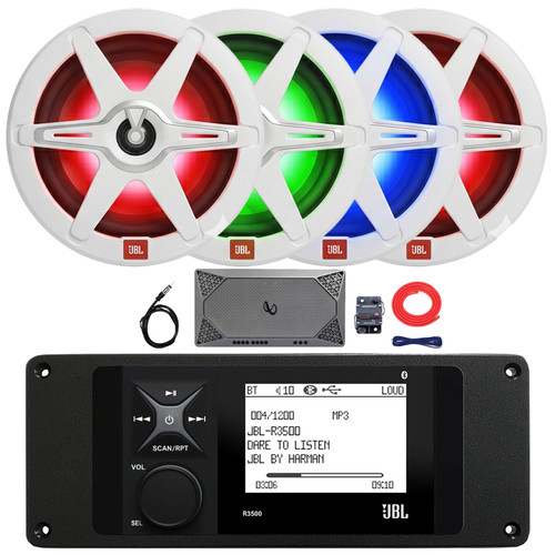 JBL R3500 Marine Bluetooth USB/AUX AM/FM Radio Weather-Resistant Digital Media Stereo Receiver w/Install Adaptor Plate, 4x 8" 450W Max Power 2-Way RGB LED Speakers, 4-Channel Amplifier w/Kit, Antenna