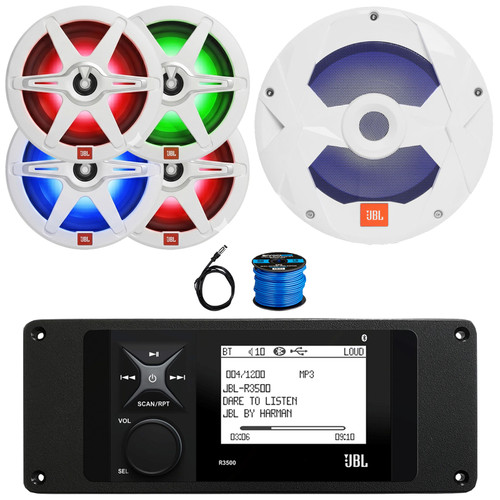 JBL R3500 Marine Bluetooth USB/AUX AM/FM Radio Weather-Resistant Digital Media Stereo Receiver w/Install Adaptor Plate, 4x 8" 450W Max 2-Way RGB LED Speakers, 10" 750W Max RGB Subwoofer, Antenna, Wire