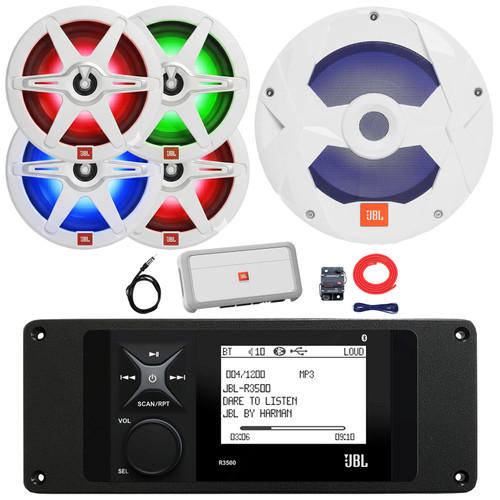 JBL R3500 Marine Bluetooth USB/AUX AM/FM Weather-Resistant Digital Media Stereo Receiver w/ Adaptor Plate, 4x 8" 450W Max RGB LED Speakers, 10" 750W Max Subwoofer, 5-Channel Amplifier w/Kit, Antenna